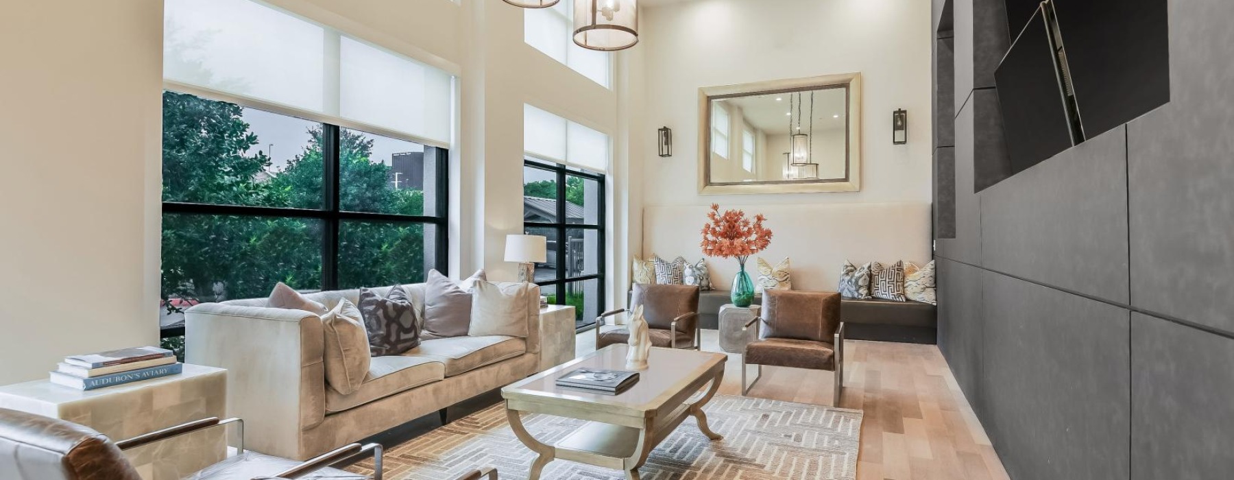 a living room with a couch and a table