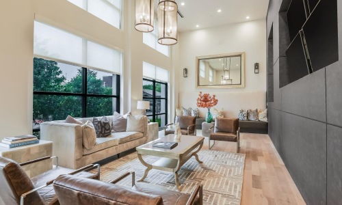 a living room with a couch and a table
