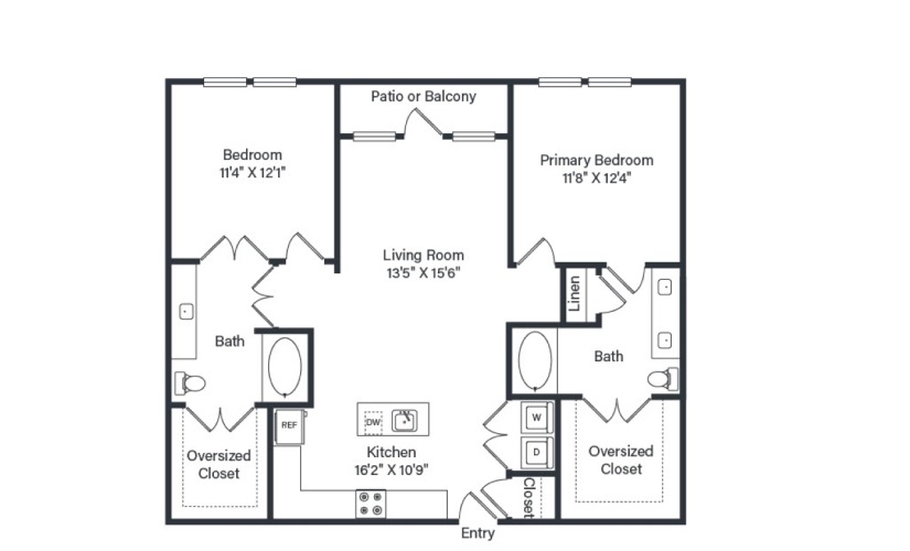 Villa - 2 bedroom floor plan layout with 2 bathrooms and 1103 - 1108 square feet