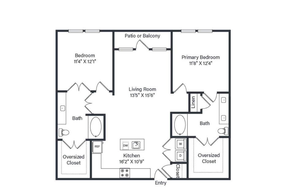Villa - 2 bedroom floor plan layout with 2 bathrooms and 1103 - 1108 square feet
