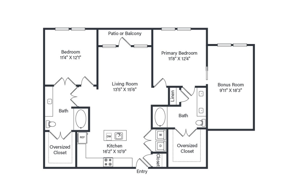 Villa w/Bonus Room - 2 bedroom floor plan layout with 2 bathrooms and 1258 - 1303 square feet